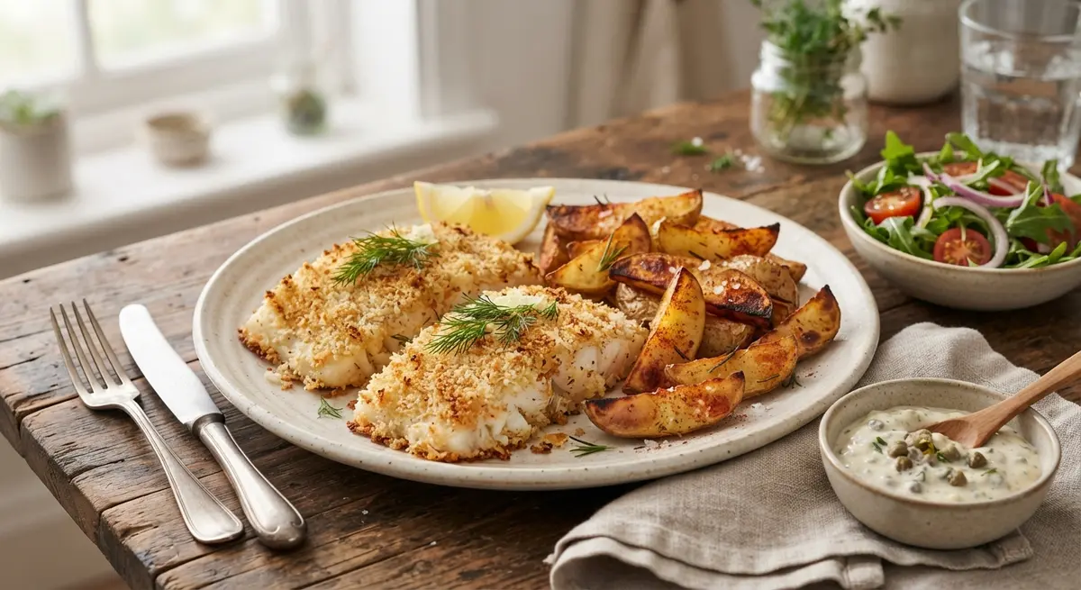 Crispy Baked Fish and Potato Wedges